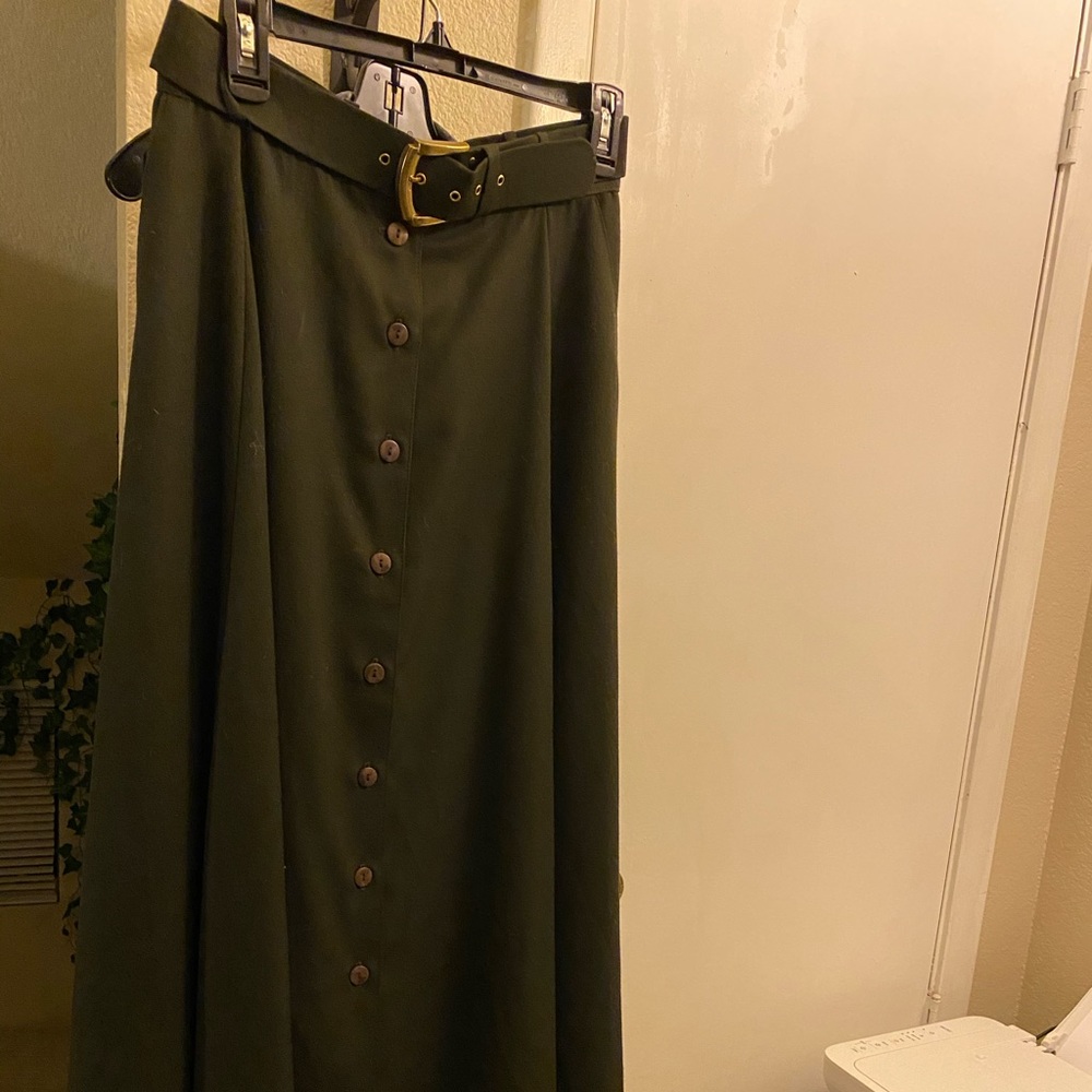 Army green long retro button down maxi skirt
